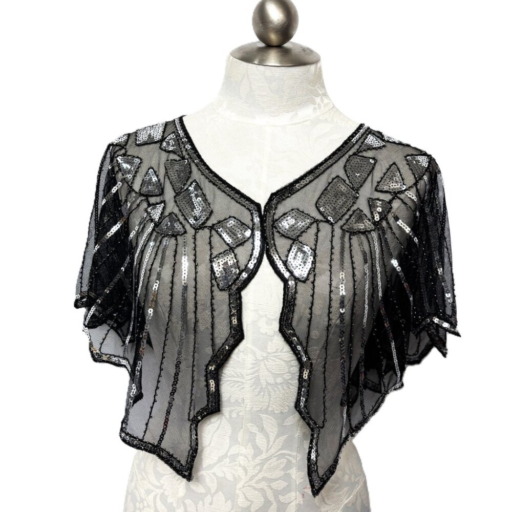 Shawl Scarf Black Net Silver Sequin & Black Beads
